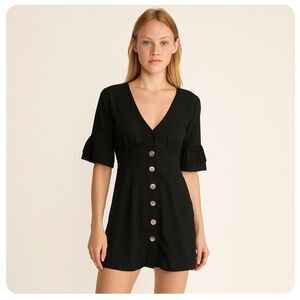 Shades of Blonde Black Fit and Flare‎ Black Button-Down Dress Ruffle Sleeves XS